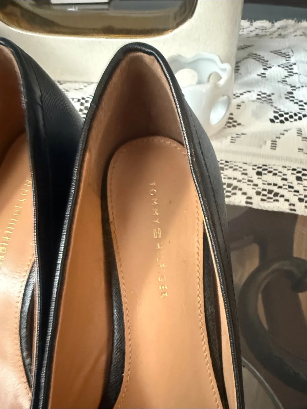 Tommy Hilfiger Black Leather Pumps with Gold Emblem